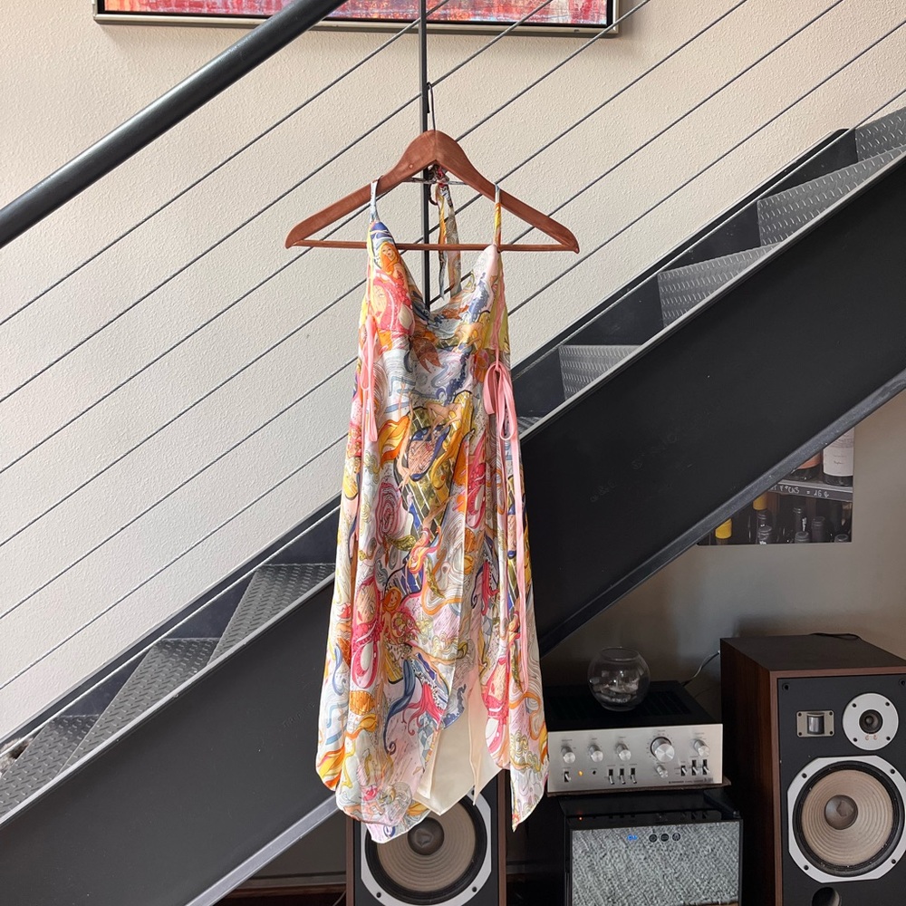 100% Silk Patterned Mini Halter Dress